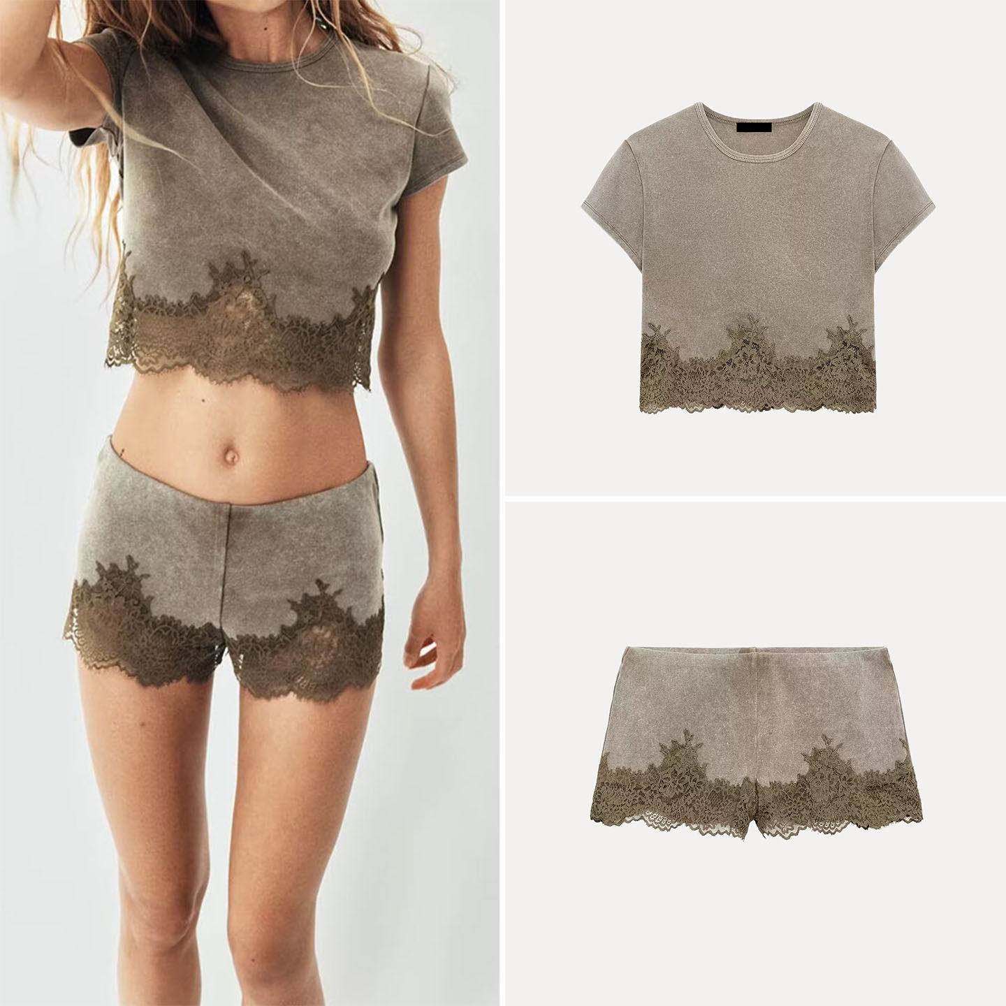 Wash Effect Set - Women's Short Sleeve Ruffle Hem Wash